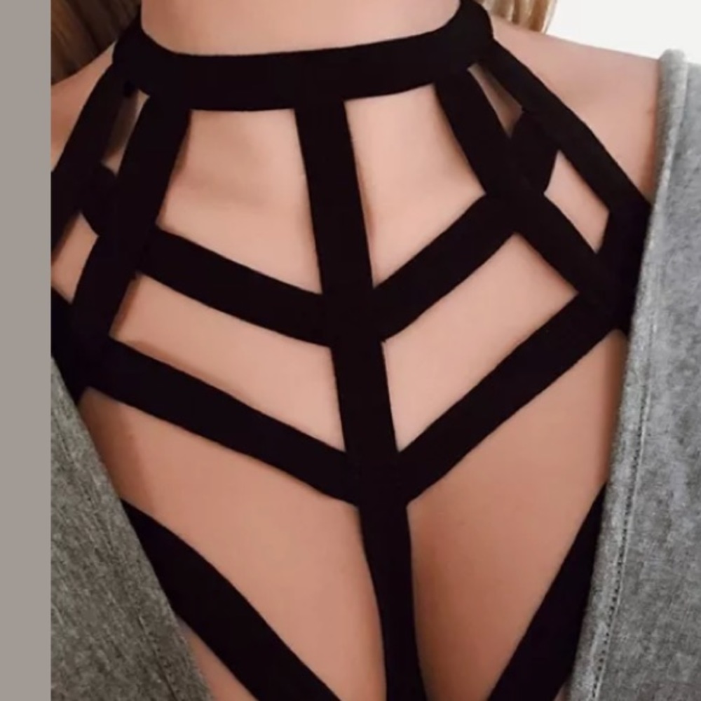 Black bra bondage harness strap elastic choker new j3